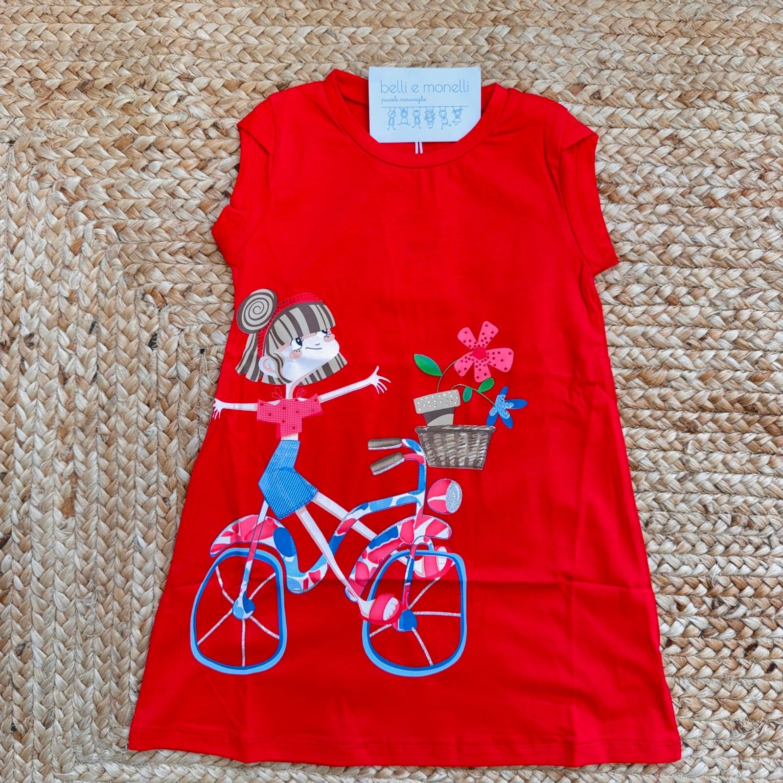 abito bimba cotone rosso con bambina bicicletta