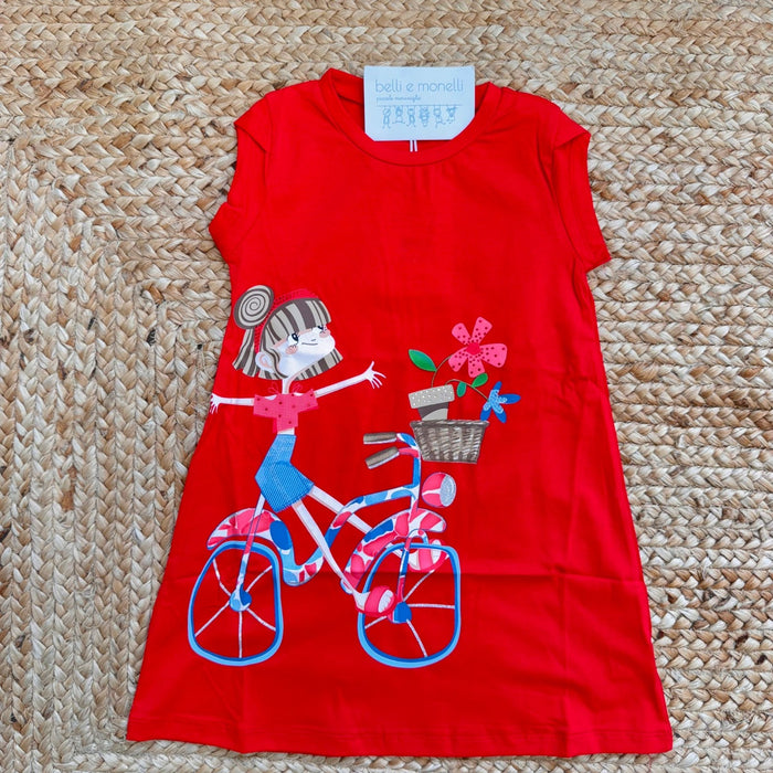abito bimba cotone rosso con bambina bicicletta
