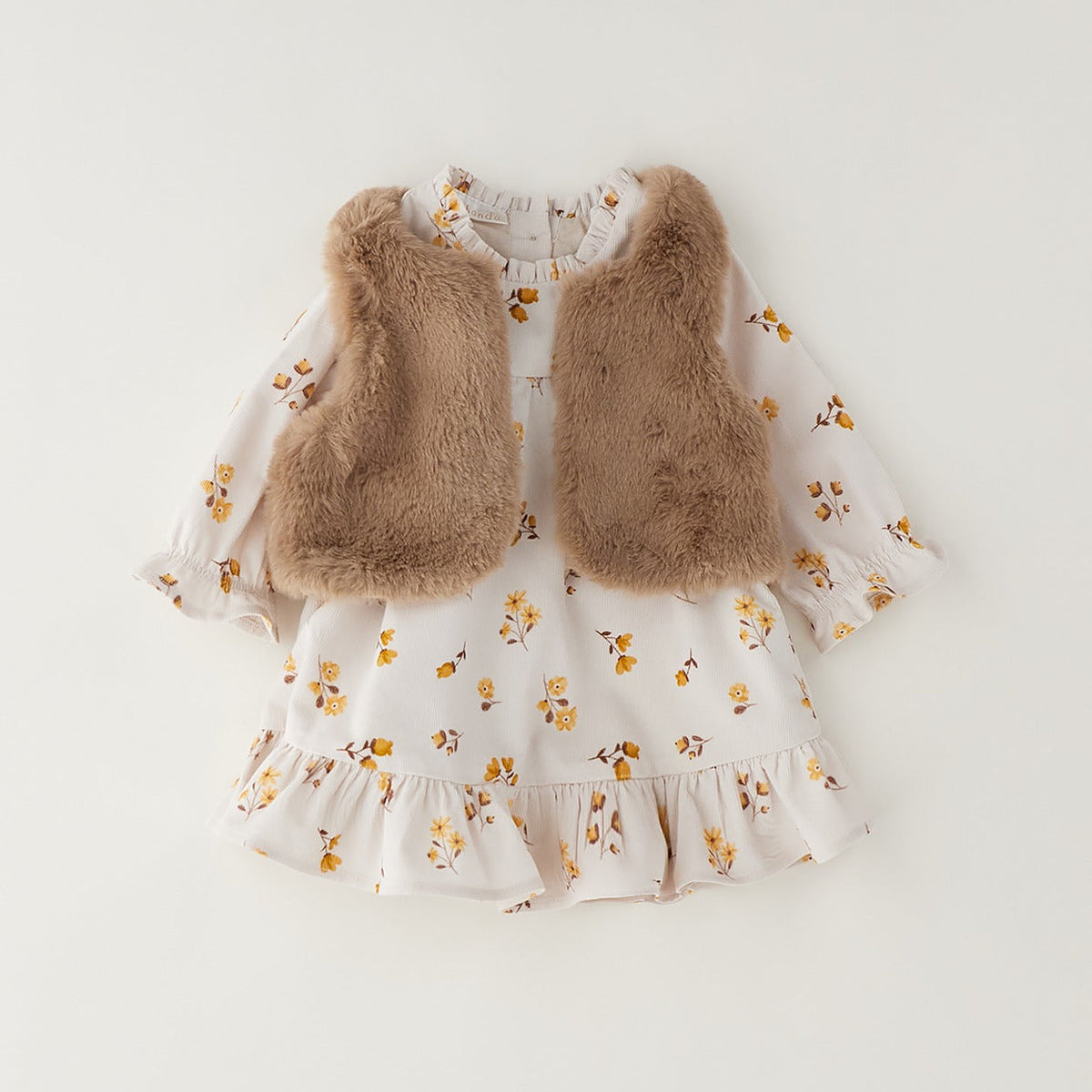 Abito bimba ecrù in cotone con fantasia floreale e gilet coordinato