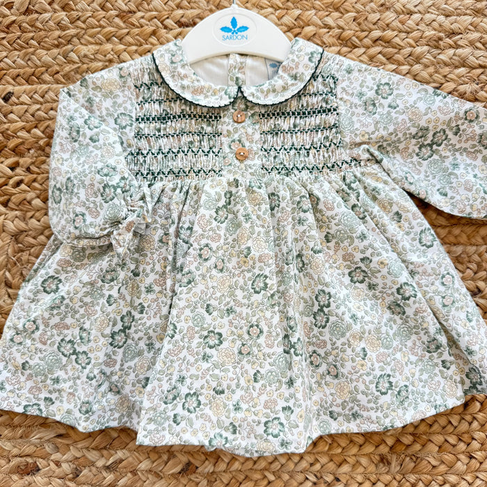 Abito bimba floreale verde Sardon in 100% cotone con punto smock