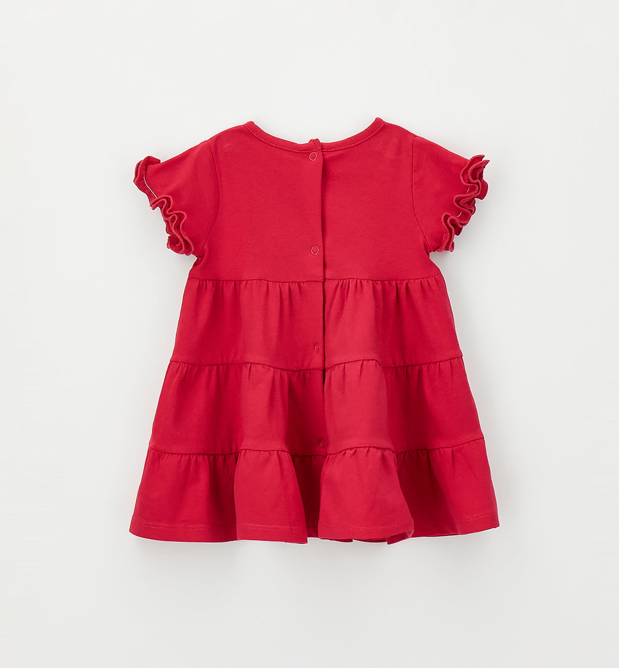 Retro abito bimba color fragola con chiusura posteriore e balze