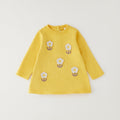 Abito bimba giallo in cotone e lana con fiori applicati in rilievo