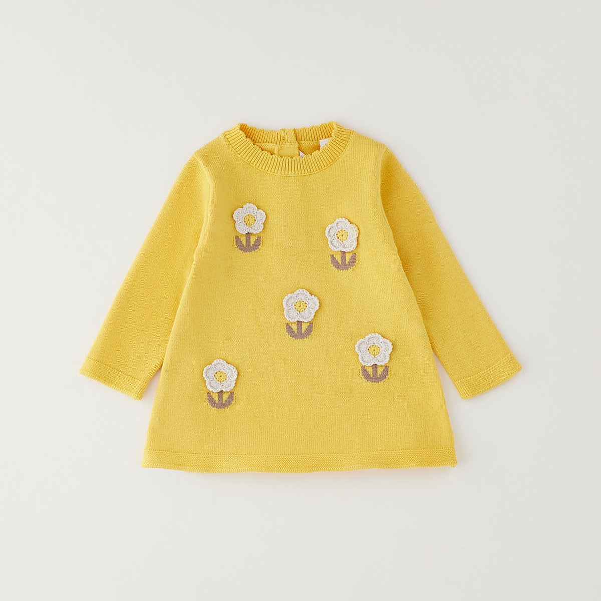 Abito bimba giallo in cotone e lana con fiori applicati in rilievo