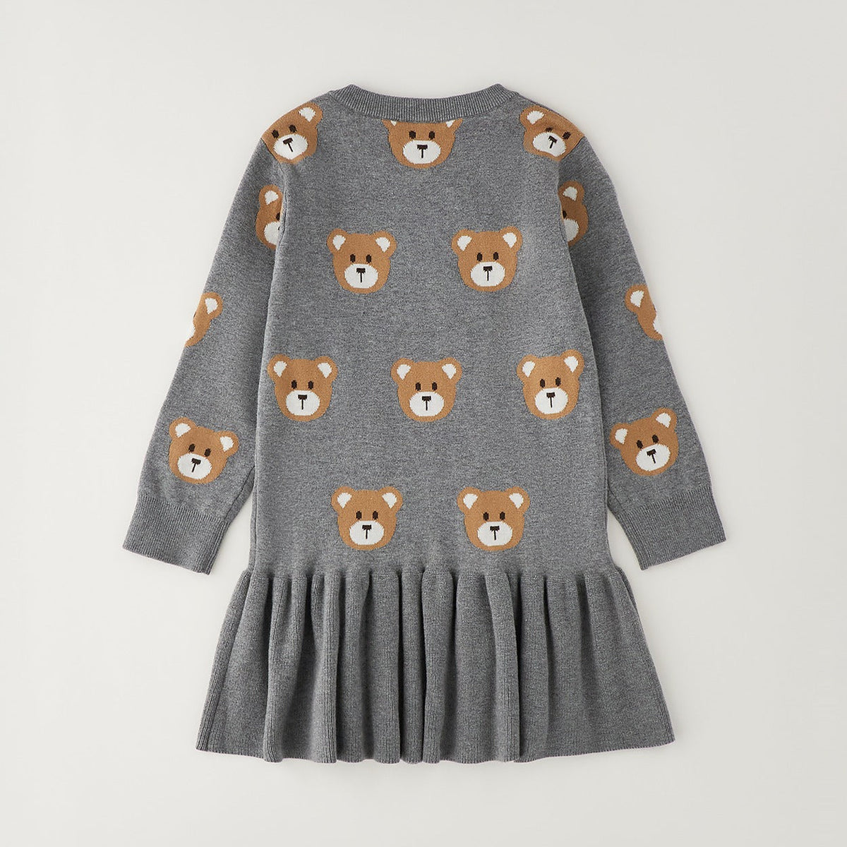 Abito bimba grigio 100% cotone con orsetti, manica lunga e gonna arricciata