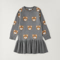 Abito bimba grigio 100% cotone con orsetti, manica lunga e gonna arricciata