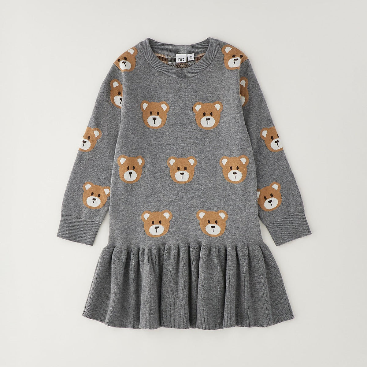 Abito bimba grigio 100% cotone con orsetti, manica lunga e gonna arricciata