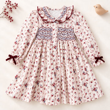 Abito bimba punto smock floreale con fiocchi in velluto bordeaux