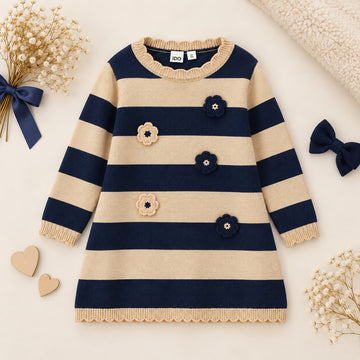 Abito bimba a righe blu e beige con applicazioni floreali