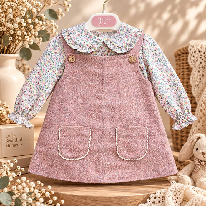 Abito bimba rosa con camicia floreale in cotone e tasche frontali