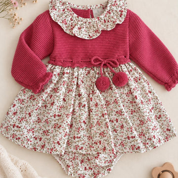 Abito bimba rosa lampone Sardon con fantasia microfiori e culotte coordinata