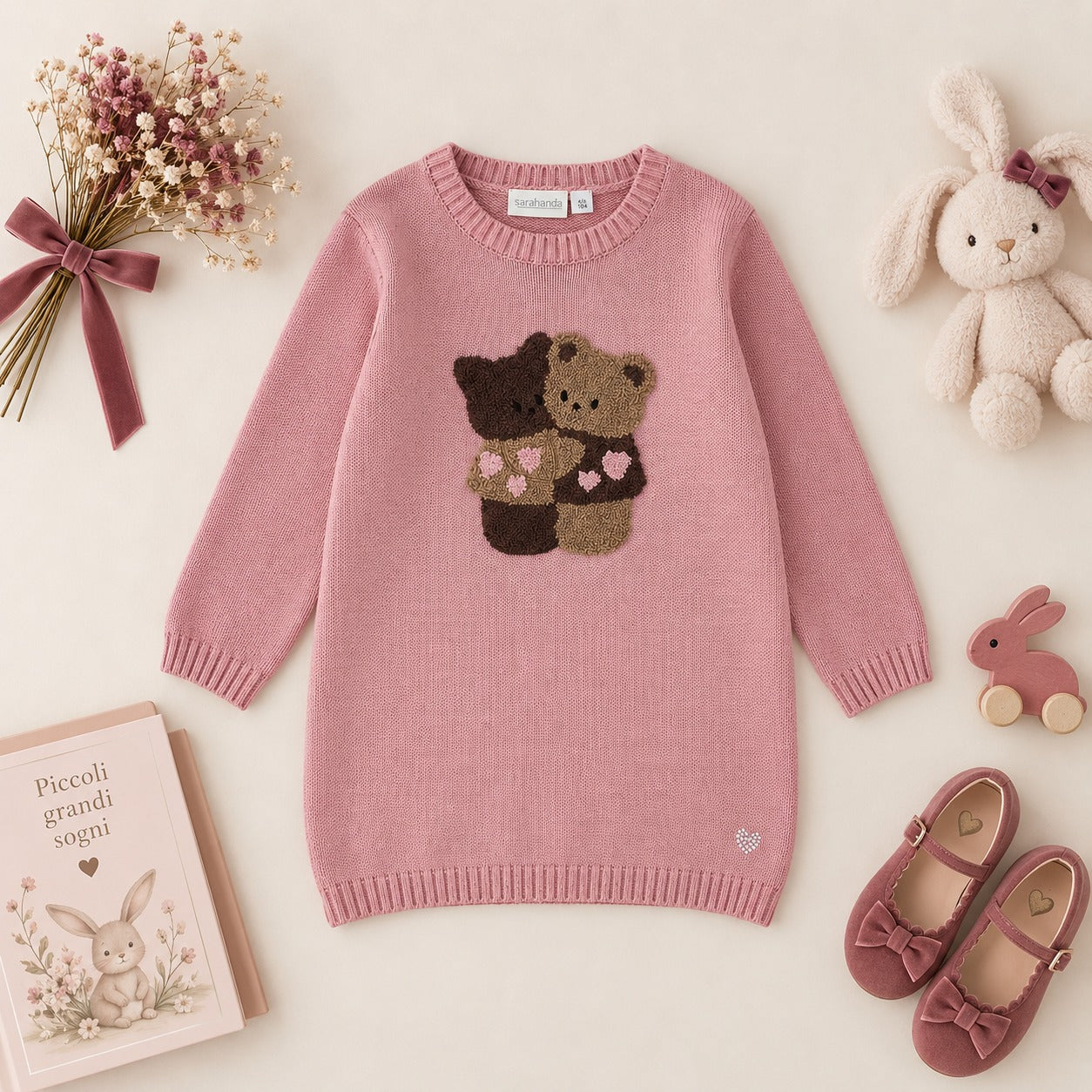 Abito bimba rosa Sarabanda in maglia con applicazione di orsetti