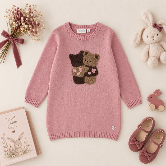 Abito bimba rosa Sarabanda in maglia con applicazione di orsetti