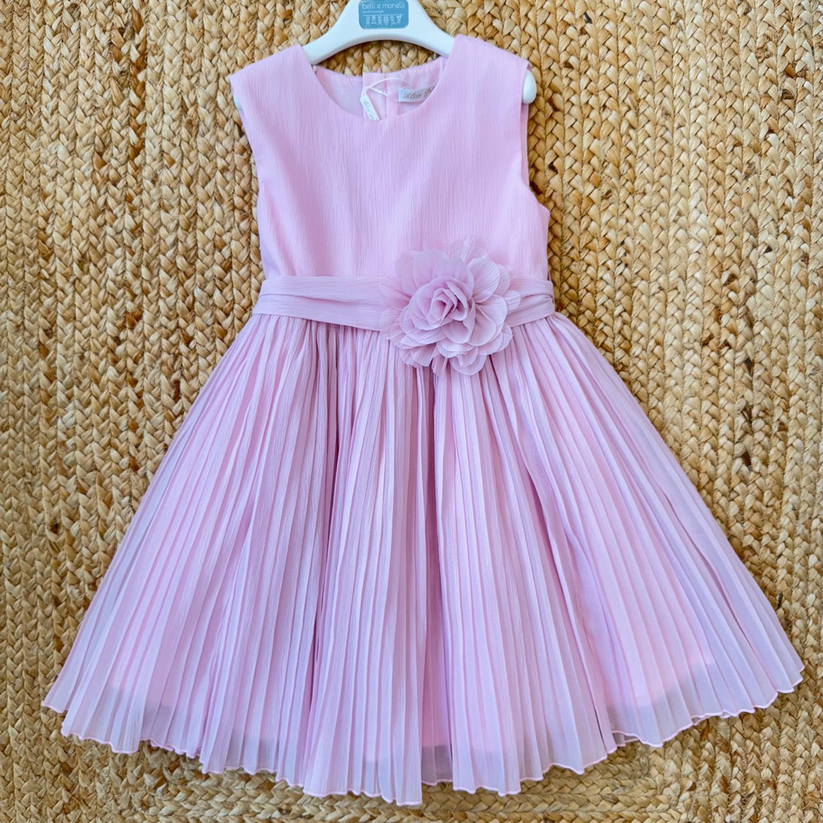 abito bimba elegante rosa plissé con fiore frontale