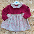 Abito bimba rosso bordeaux floreale con parte superiore in maglia e gonna fantasia