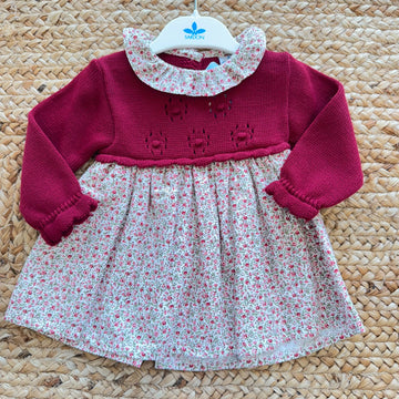 Abito bimba rosso bordeaux floreale con parte superiore in maglia e gonna fantasia