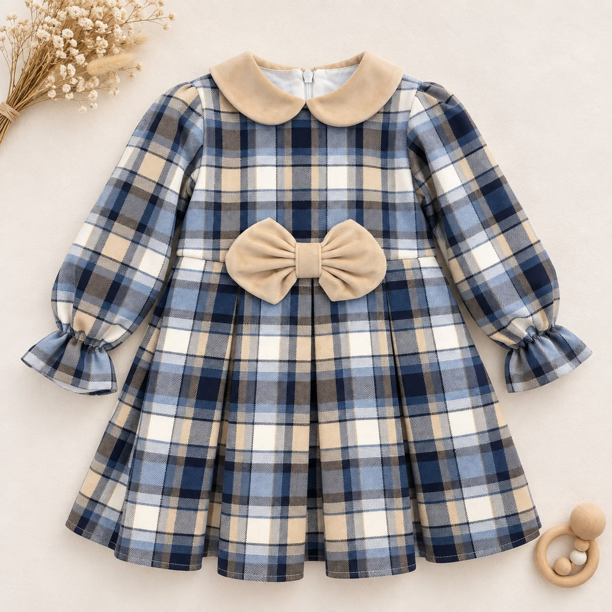 Abito bimba tartan blu e beige con colletto e fiocco
