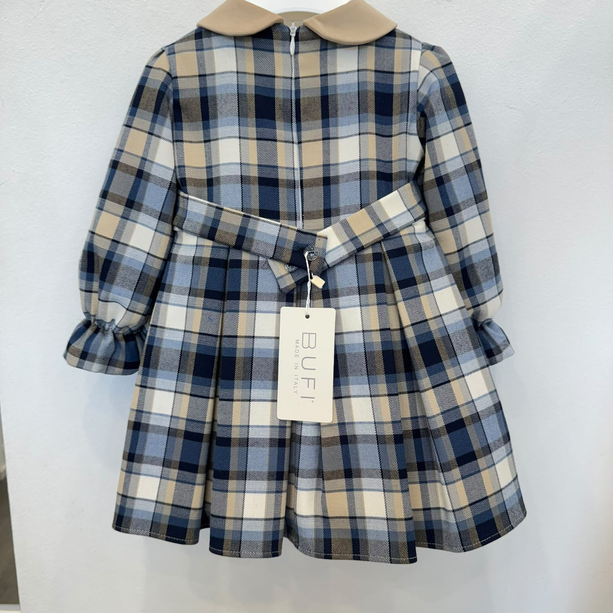 Abito bimba tartan blu e beige con colletto e fiocco