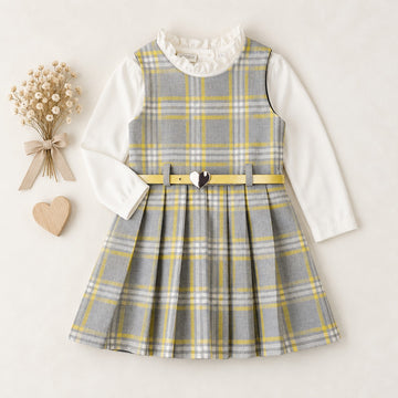 Abito bimba tartan grigio e giallo con cintura e fibbia a cuore
