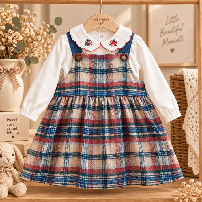 Abito bimba in cotone tartan con colletto bianco ricamato