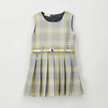 Abito bimba tartan grigio e giallo con cintura e fibbia a cuore