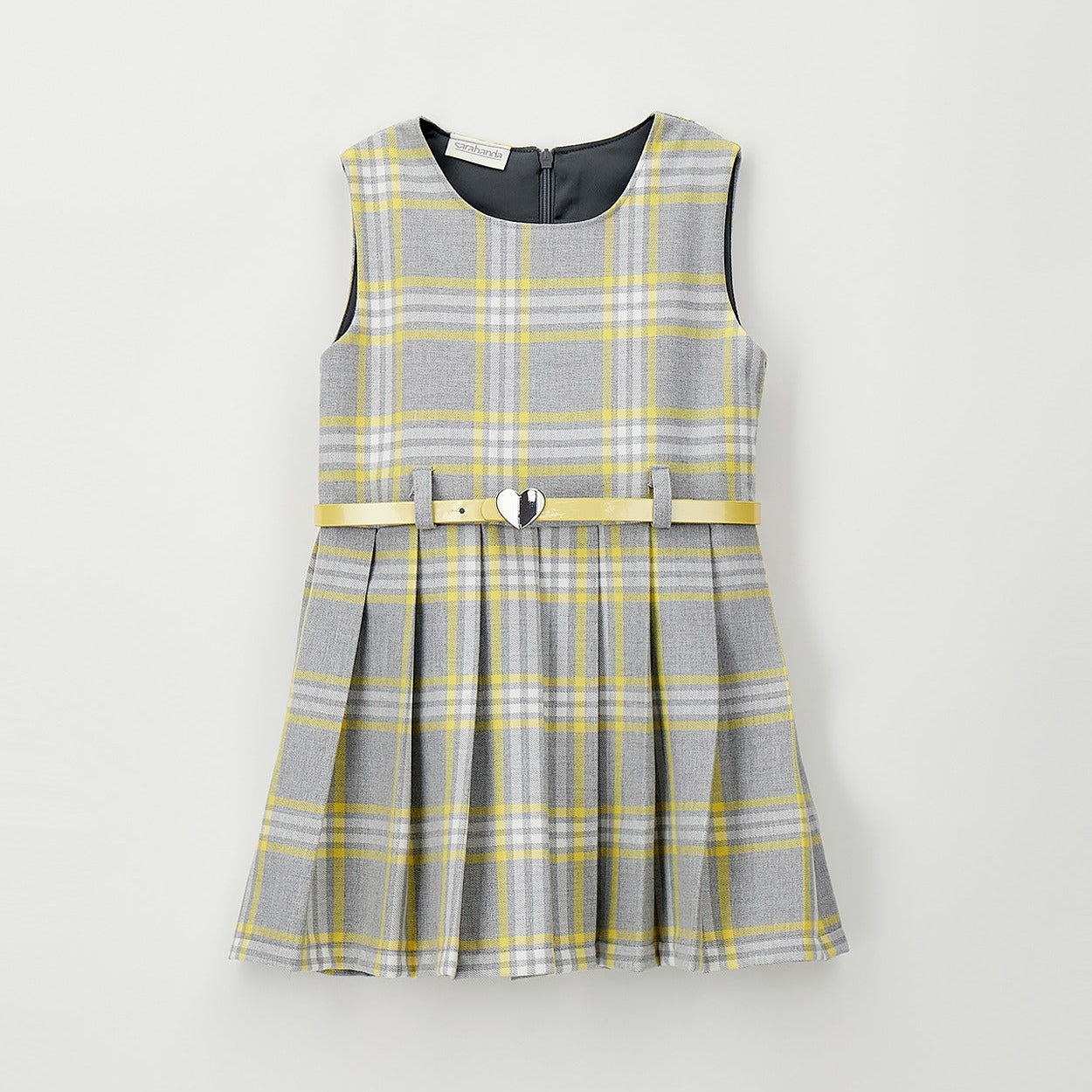 Abito bimba tartan grigio e giallo con cintura e fibbia a cuore
