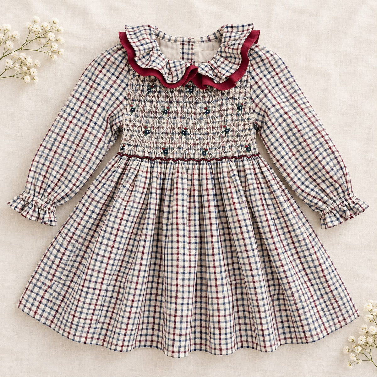 Abito bimba tartan punto smock con dettagli bordeaux
