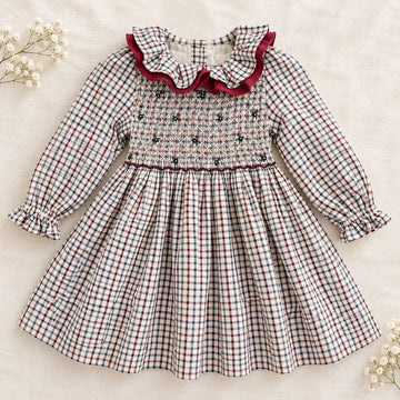 Abito bimba tartan punto smock con dettagli bordeaux