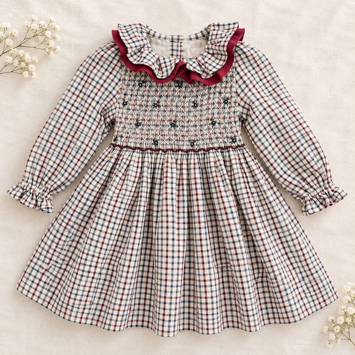 Abito bimba tartan punto smock con dettagli bordeaux