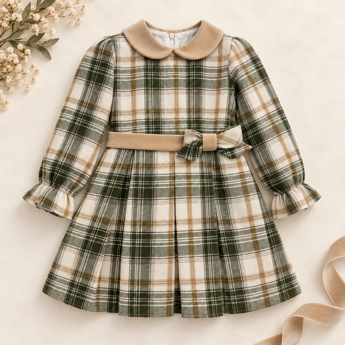 Abito bimba tartan verde con fiocco, foto 1