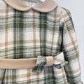 Abito bimba tartan verde e beige con colletto Peter Pan e fiocco laterale coordinato