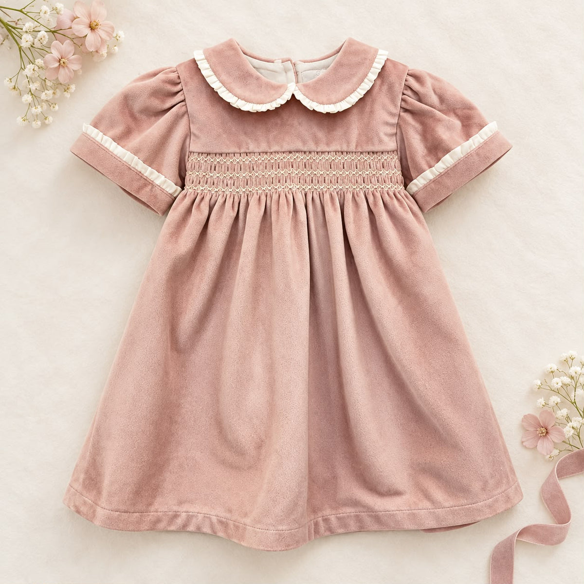 Abito elegante bimba in velluto rosa antico con punto smock, colletto panna e maniche a palloncino