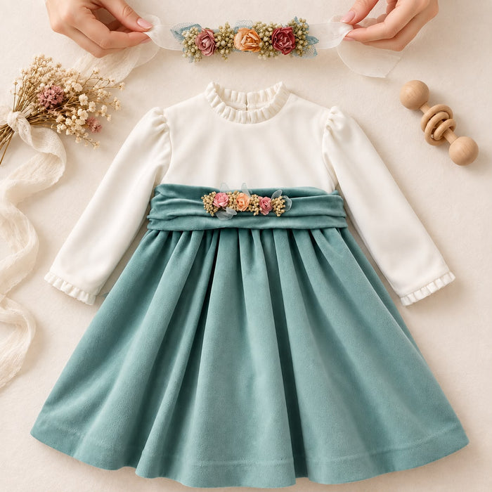 Abito elegante bimba in velluto verde salvia e panna con fiori e fascia per capelli coordinata
