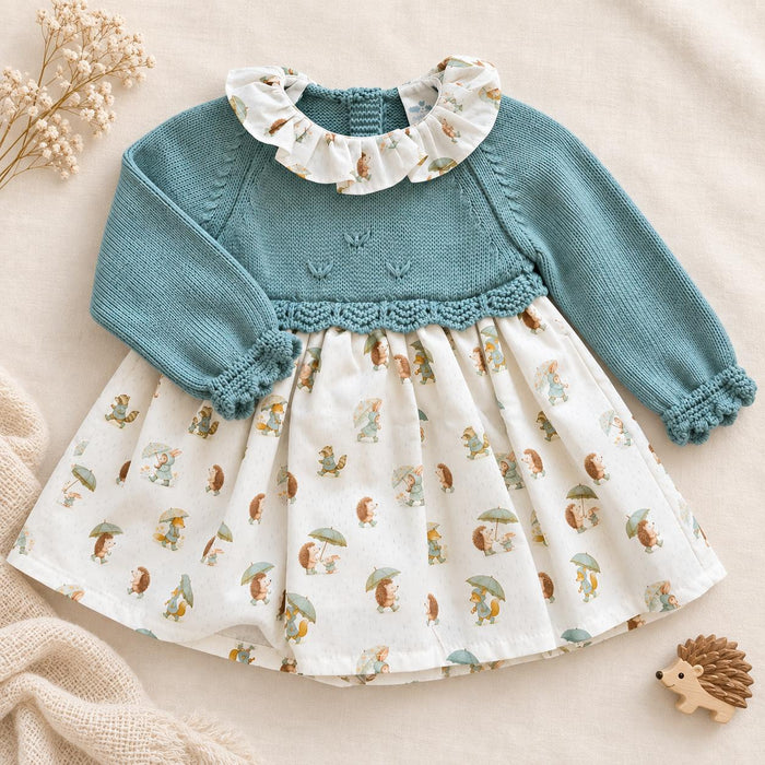 Abito bimba verde salvia in maglia con gonna fantasia e colletto volant