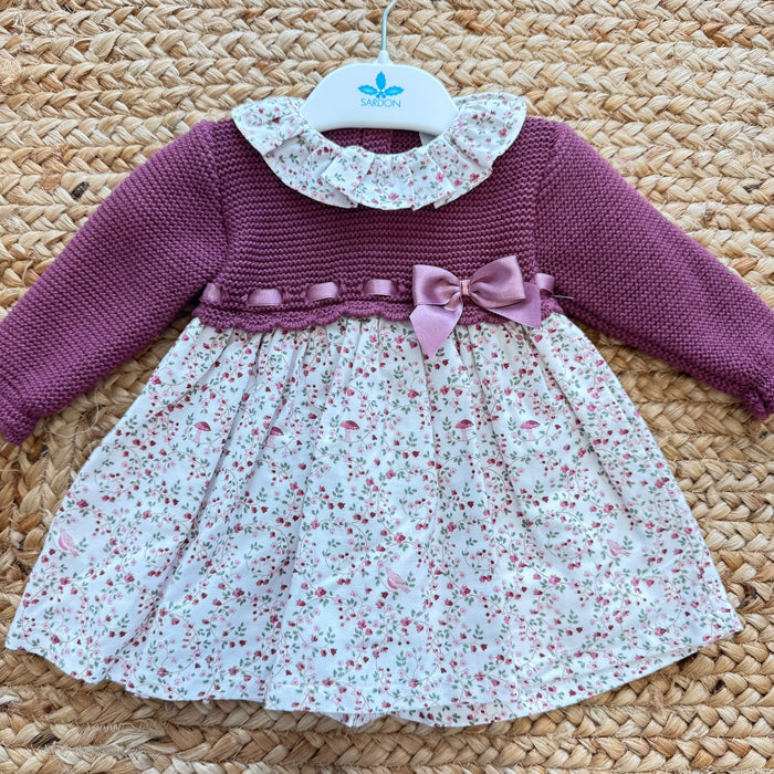 Abito bimba vinaccio in cotone con gonna floreale e fiocco rosa