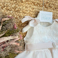 abito cerimonia bambina con fiocchi sulle spalle e cintura rosa