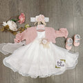 abito bimba, abito battesimo, organza, doppia balza, cintura in organza rosa, fiore realizzato a mano, moda bimba, vestiti cerimonia, abiti eleganti.