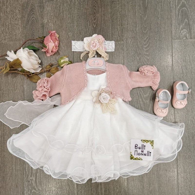 abito bimba, abito battesimo, organza, doppia balza, cintura in organza rosa, fiore realizzato a mano, moda bimba, vestiti cerimonia, abiti eleganti.