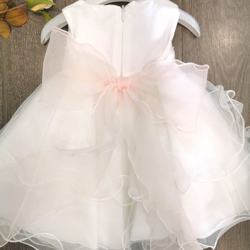 abito bimba, abito battesimo, organza, doppia balza, cintura in organza rosa, fiore realizzato a mano, moda bimba, vestiti cerimonia, abiti eleganti.