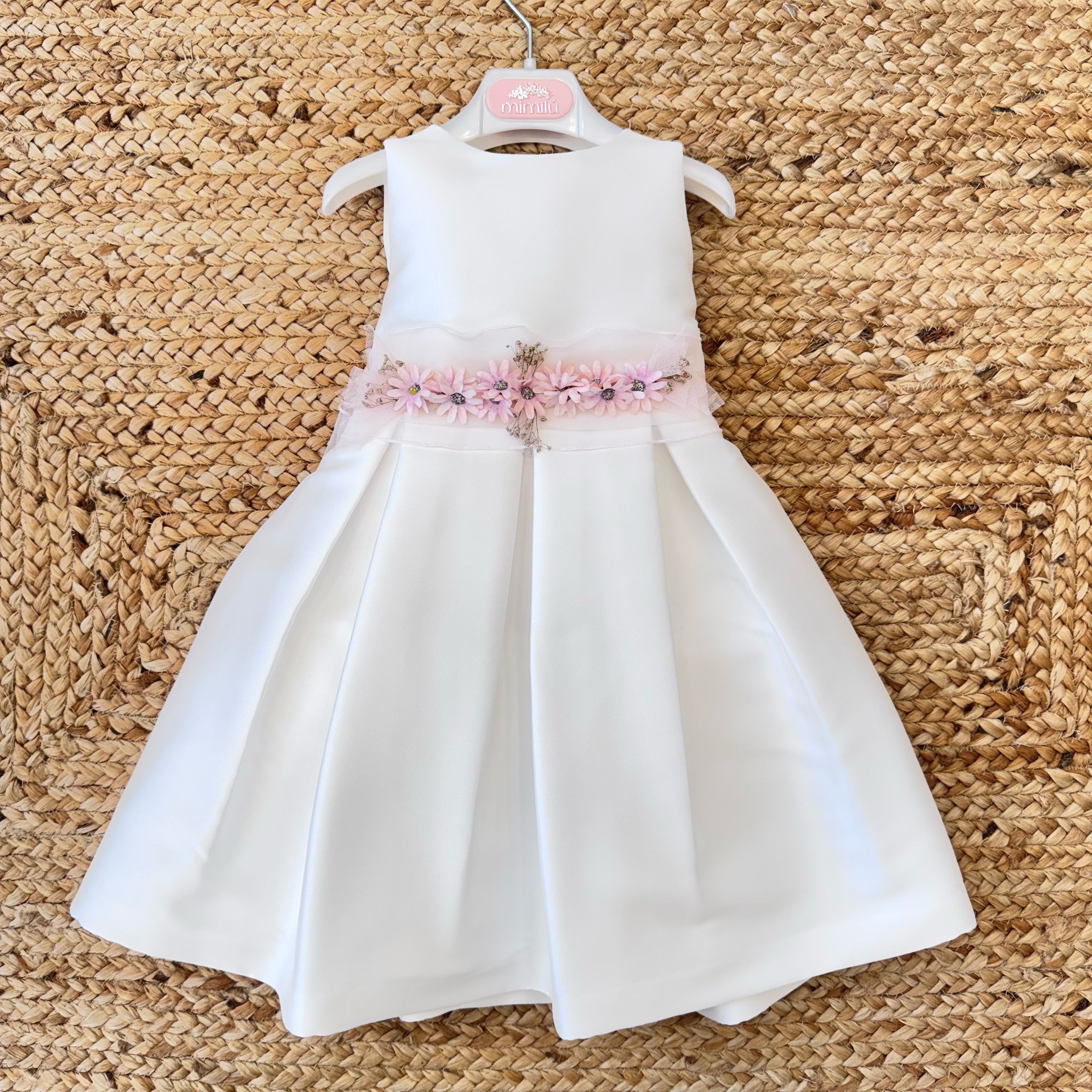 Vestito cerimonia bambina bianco con cintura floreale rosa