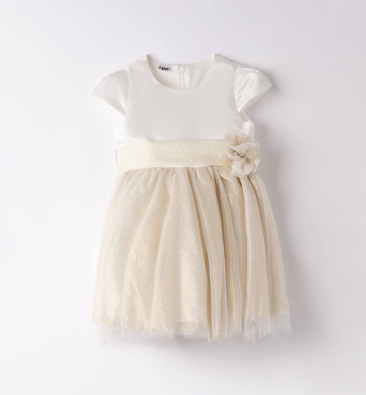 Abito cerimonia bambina elegante con rosa decorativa e gonna in tulle