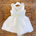 Abito damina shantung con fiori lilla e verde, fiocco in tulle
