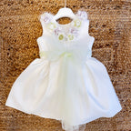 Abito damina shantung con fiori lilla e verde, fiocco in tulle