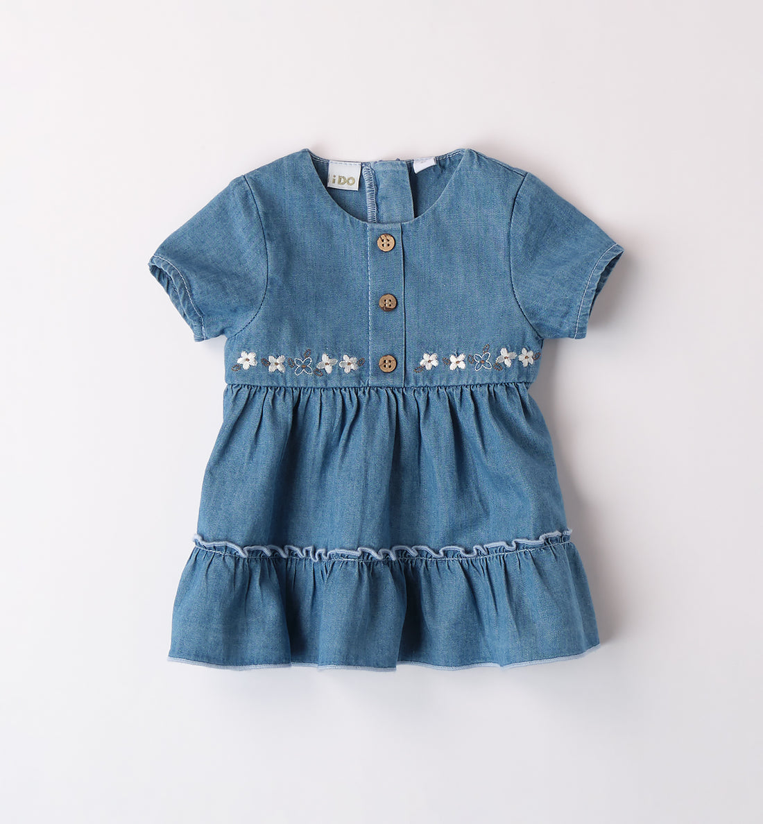 Abito denim neonata con fiori ricamati e bottoni in legno

