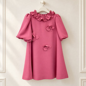 Abito elegante bambina rosa antico in misto cotone con fiori applicati, maniche a palloncino e collo con volant