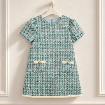 Abito elegante bambina in tweed verde acqua con dettagli gioiello avorio, maniche corte e linea svasata