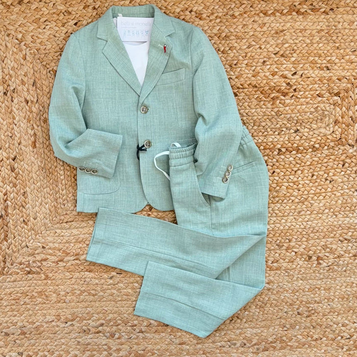 completo elegante bimbo verde salvia con giacca e pantalone
