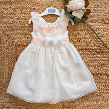 Abito elegante bambina rosa cipria con cintura floreale e fiocco