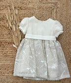 Abito lino bambina elegante con gonna floreale beige