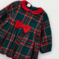 Abito natalizio bimba tartan verde e rosso con colletto e fiocco rosso in vita