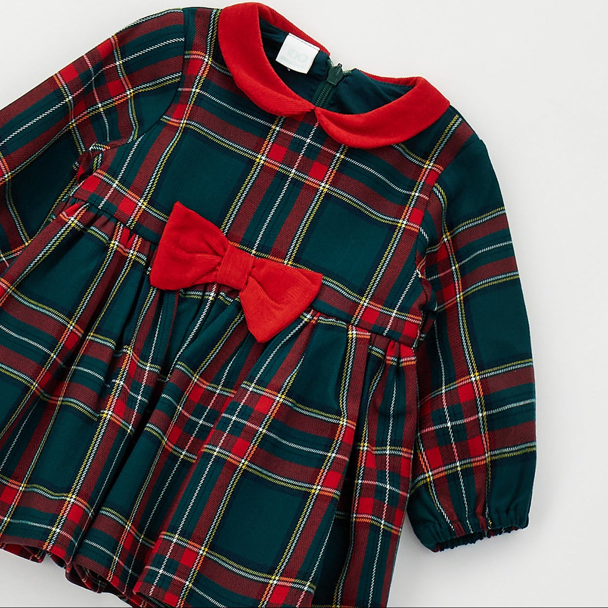 Abito natalizio bimba tartan verde e rosso con colletto e fiocco rosso in vita